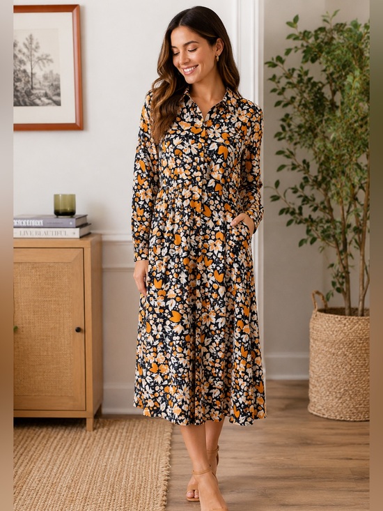 Who What Wear Dresses & Skirts - Who What Wear Floral Shirt Dress Black Orange Long Sleeve Midi Dress Medium